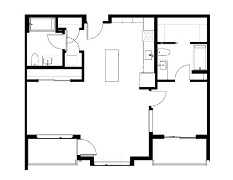 Floor plan for 1 bed, 2 baths, 876 sqft